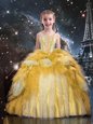 Adorable Spaghetti Straps Sleeveless Little Girl Pageant Gowns Floor Length Beading and Ruffled Layers Gold Tulle