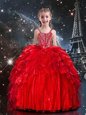 Customized Floor Length Ball Gowns Sleeveless Red Little Girls Pageant Dress Lace Up