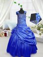 Customized Satin Sleeveless Floor Length Girls Pageant Dresses and Beading and Pick Ups