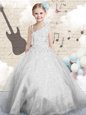 Silver Ball Gowns Organza Asymmetric Sleeveless Beading and Appliques and Hand Made Flower Floor Length Lace Up Kids Formal Wear