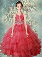 Enchanting Halter Top Watermelon Red Ball Gowns Beading and Ruffled Layers Little Girls Pageant Gowns Zipper Organza Sleeveless Floor Length