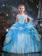 Baby Blue Lace Up Spaghetti Straps Beading and Ruffles Pageant Gowns For Girls Organza Sleeveless
