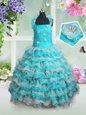 Straps Sleeveless Little Girls Pageant Gowns Floor Length Beading and Appliques and Ruffled Layers Blue And White Organza