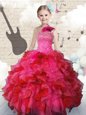 One Shoulder Hot Pink Sleeveless Floor Length Beading and Ruffles Lace Up Little Girls Pageant Gowns