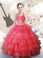 Fantastic Halter Top Floor Length Lace Up Little Girls Pageant Dress Wholesale Coral Red and In for Party and Wedding Party with Ruffled Layers