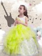 Yellow Green Ball Gowns Organza Scoop Sleeveless Beading and Ruffles Floor Length Lace Up Kids Formal Wear
