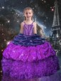 Enchanting Spaghetti Straps Sleeveless Child Pageant Dress Floor Length Beading and Ruffles and Pick Ups Eggplant Purple Organza