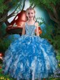 Floor Length Blue Little Girls Pageant Gowns Organza Sleeveless Beading and Ruffles and Pick Ups