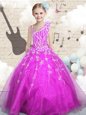 Sleeveless Organza Floor Length Lace Up Girls Pageant Dresses in Fuchsia for with Beading and Appliques and Hand Made Flower
