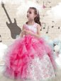 Scoop Sleeveless Floor Length Beading and Ruffles Lace Up Kids Pageant Dress with Hot Pink
