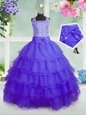 Ruffled Purple Sleeveless Organza Zipper Girls Pageant Dresses for Party and Wedding Party