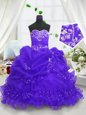 Blue Organza Lace Up Kids Pageant Dress Sleeveless Floor Length Beading and Ruffled Layers and Pick Ups