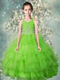 Cheap Halter Top Sleeveless Organza Floor Length Zipper Girls Pageant Dresses in Apple Green for with Beading and Ruffled Layers