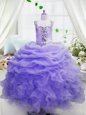 Lavender Organza Zipper Pageant Gowns For Girls Sleeveless Floor Length Beading and Ruffles and Pick Ups