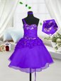 Best Sleeveless Knee Length Beading and Hand Made Flower Lace Up Little Girls Pageant Dress with Eggplant Purple