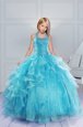 Dramatic Halter Top Aqua Blue Ball Gowns Beading and Ruffles Pageant Gowns For Girls Lace Up Organza Sleeveless Floor Length