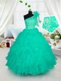 Custom Designed Floor Length Turquoise Girls Pageant Dresses One Shoulder Sleeveless Lace Up