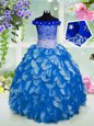Discount Sequins Off The Shoulder Short Sleeves Lace Up Little Girls Pageant Dress Wholesale Blue Organza