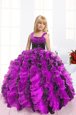 High Class Fuchsia Organza Lace Up Straps Sleeveless Floor Length Little Girl Pageant Dress Beading and Ruffles