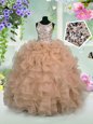 Custom Fit Scoop Peacock Green Sleeveless Beading and Ruffled Layers Floor Length Kids Pageant Dress