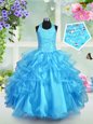 On Sale Aqua Blue Lace Up Halter Top Beading and Ruffled Layers Child Pageant Dress Organza Sleeveless