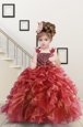 Straps Sleeveless Child Pageant Dress Floor Length Beading and Ruffles Watermelon Red Organza