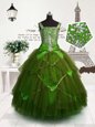 Enchanting Tulle Straps Sleeveless Lace Up Beading and Belt Child Pageant Dress in Olive Green