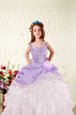Lilac Ball Gowns Organza Straps Sleeveless Beading and Ruffled Layers and Hand Made Flower Floor Length Lace Up Child Pageant Dress