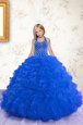 Elegant Halter Top Royal Blue Lace Up Kids Pageant Dress Beading and Ruffles Sleeveless Floor Length