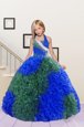 Latest Halter Top Sleeveless Child Pageant Dress Floor Length Beading and Ruffles Blue and Dark Green Fabric With Rolling Flowers