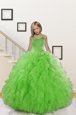 Green Organza Lace Up Halter Top Sleeveless Floor Length Little Girls Pageant Gowns Beading and Ruffles