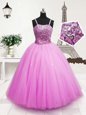 Hot Pink Sleeveless Floor Length Beading and Sequins Zipper Child Pageant Dress