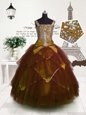 Brown Tulle Lace Up Little Girls Pageant Dress Wholesale Sleeveless Floor Length Beading and Belt