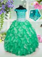 Fashion Green Lace Up Off The Shoulder Beading and Hand Made Flower Kids Pageant Dress Organza Sleeveless