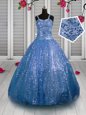 Enchanting Baby Blue Girls Pageant Dresses Party and Wedding Party and For with Sequins Straps Sleeveless Lace Up