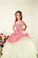 Sleeveless Organza Floor Length Lace Up Girls Pageant Dresses in Pink for with Beading and Ruffled Layers and Hand Made Flower