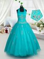 Sweet Aqua Blue Lace Up Halter Top Appliques Pageant Gowns For Girls Tulle Sleeveless