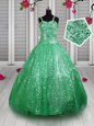 New Style Sleeveless Tulle Floor Length Lace Up Pageant Gowns For Girls in Baby Blue for with Beading and Sequins