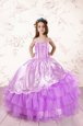 Sleeveless Organza Floor Length Lace Up Little Girls Pageant Dress Wholesale in Fuchsia for with Embroidery and Ruffled Layers