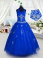 Affordable Halter Top Blue Lace Up Little Girl Pageant Gowns Appliques Sleeveless Floor Length