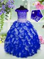 Off The Shoulder Sleeveless Lace Up Kids Pageant Dress Royal Blue Organza