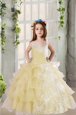 Latest Ruffled Ball Gowns Child Pageant Dress Light Yellow Square Organza Sleeveless Floor Length Lace Up