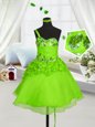 Excellent One Shoulder Organza Lace Up Girls Pageant Dresses Sleeveless Knee Length Beading and Hand Made Flower