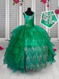 Sleeveless Floor Length Appliques and Ruffled Layers Lace Up Little Girls Pageant Dress Wholesale with Green