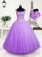 Lilac Tulle Lace Up Little Girl Pageant Gowns Sleeveless Floor Length Beading and Sequins