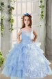 Baby Blue Ball Gowns Lace and Ruffled Layers Kids Pageant Dress Lace Up Organza Long Sleeves Floor Length