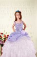 Beading and Ruffled Layers and Hand Made Flower Kids Pageant Dress Lavender Lace Up Sleeveless Floor Length