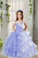 Lavender Ball Gowns Organza Square Sleeveless Lace and Ruffled Layers Floor Length Lace Up Little Girl Pageant Gowns
