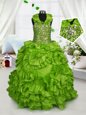Olive Green Halter Top Zipper Beading and Ruffles Kids Pageant Dress Sleeveless