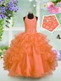New Style Orange Little Girls Pageant Dress Party and Wedding Party and For with Beading and Ruffled Layers Halter Top Sleeveless Lace Up